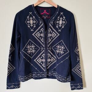 Johnny Was Blue Embroidered Long Sleeve Cardigan Boho Cropped
